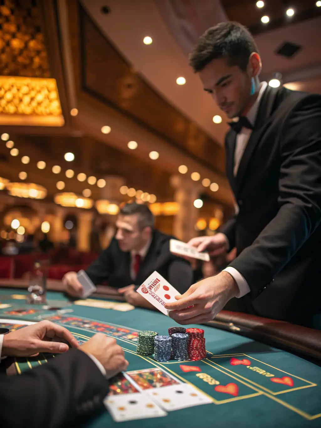 A classic casino table with cards being dealt and chips stacked, highlighting the authentic casino experience offered by H2777.